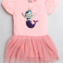 Polka Tots Half Sleeves Sequin Embellished Mermaid Queen Patch Detail Flared Tulle Romper Onesie - Pink-image-33