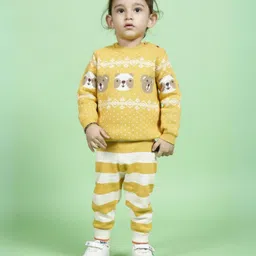 kids of greendeer Greendeer 100% Cotton Full Sleeves Bear Detailed Jacquard Sweater With Pant - Mimosa Yellow-picture-18