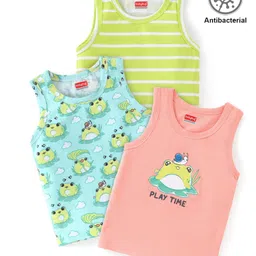 Babyhug 100% Cotton Knit Sleeveless  Antibacterial Sando  with Striped & Frog Print  Pack of 3 - Multicolour-picture-11