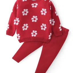 Babyhug Knit Full Sleeves Sweater Set With Floral Design - Red-picture-14
