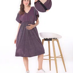 Bella Mama Knit Short Sleeves  Front Overlapping Shimmered Maternity Dress -Wine-picture-18