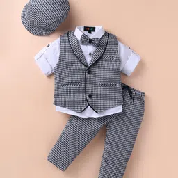 Robo Fry Lycra Knit Full Sleeves Checkered 3 Piece Party Suit with Bow & Hat - Navy Blue & White image 1