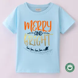 BLUSHES Christmas Theme 100% Cotton Half Sleeves Merry And Bright Text Printed Tee - Powder Blue-picture-35