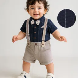 Mark & Mia Woven Half Sleeves Striped Party Romper With Bow - Navy Blue-picture-24