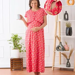 Bella Mama Cotton Knit Half Sleeves Concealed Zipper With Heart Print Nighty - Dark Pink-picture-20