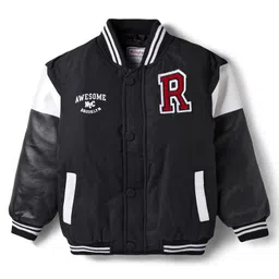 Babyhug Woven Full Sleeves Bomber Jacket With Alphabet Embroidery - Black-picture-21