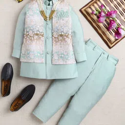 Ahhaaaa Viscose Woven Full Sleeves Solid Kurta Pant With Floral Printed Nehru Jacket & Mala Set - Green-picture-11