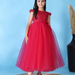 Toy Balloon Kids Net Woven Cap Sleeves Floral Applique Detailed Sequins Embellished Gown - Magenta-picture-23