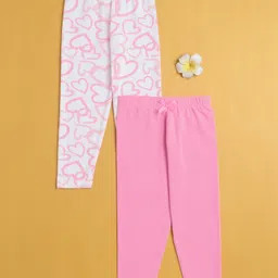 BUMZEE Cotton Knit Pack Of 2 Solid & Hearts Printed Leggings - Pink & White-picture-28