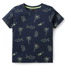 kookie kids india Kookie Kids Single Jersey Knit Half Sleeves Shorts Co-Ord Night Suit With Beach Theme Print - Navy Blue image 2