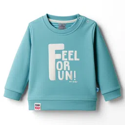 Mini Taurus Interlock Knit Full Sleeves T-Shirt & Lounge Pant Set with Text Print & Stripes - Sea Green image 2