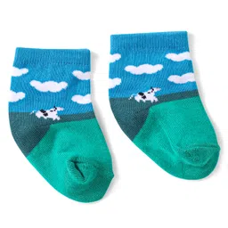 Cute Walk by Babyhug Knitted Anti-Bacterial Ankle Length Socks With Cow Design Pack of 3 - Green & Blue image 3