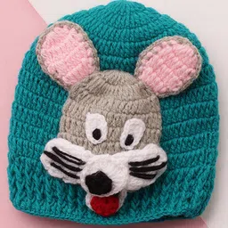 MayRa Knits Hand Knitted Woven Pack Of 2 Baby Animals Face Designed Crochet Caps - Grey & Green - Circumference 28 Cm image 3