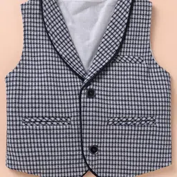 Robo Fry Lycra Knit Full Sleeves Checkered 3 Piece Party Suit with Bow & Hat - Navy Blue & White image 4