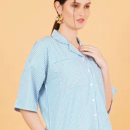 Chemistry Women Vertical Stripes Cotton Roll-Up Sleeves Shirt Style Top image 3
