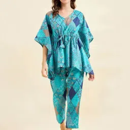 Sweet Dreams Blue Cotton Printed Kaftan Pyjama Set-image-36