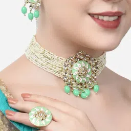 Zaveri Pearls Green Meenakari Multistrand Beaded Kundan Choker Necklace Earring & Ring Set-ZPFK14597-picture-25