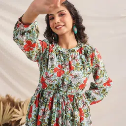 Janasya Blue Cotton Floral Print A-Line Dress image 5