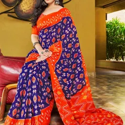 Satrani Blue & Orange Cotton Printed Saree With Unstitched Blouse image 5