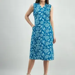 Powersutra Blue Cotton Regular Fit Floral Print Dress-image-11