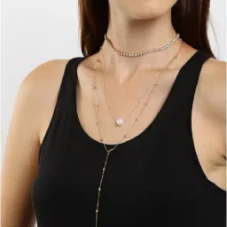OOMPH Multi Layered Multi-Strand Gold Tone Crystal & Pearls Fashion Necklaces for Women - Set of 3-picture-14