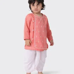 Fabindia Kids Peach & White Cotton Embroidered Kurta-image-74