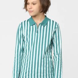 Jack & Jones Junior Green & White Cotton Striped Full Sleeves Polo T-Shirt-picture-3