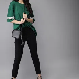 Moda Rapido Women Green Solid Round Neck Pure Cotton T-shirt-picture-40