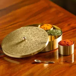 ExclusiveLane Floral-Etched' Handcrafted Spice Box In Brass With Spoon (7 Containers, 40 ML) image 2