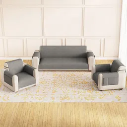 Lukzer Grey Solid Polyester 3 Piece Sofa Cover With Arms-picture-26