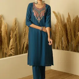 Anouk Women Embroidered Regular Chanderi Silk Straight Kurta with Trousers & Dupatta image 2