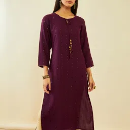 Soch Wine Rayon Sequin Embellished Round-Neck Straight Kurta image 5