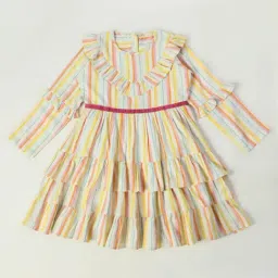 Bella Moda Kids White Striped Full Sleeves Fit & Flare Dress-image-0