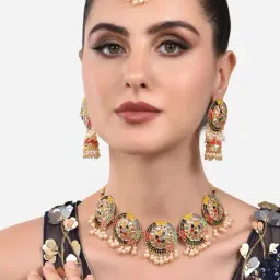Zaveri Pearls Multicolor Meenakari Flower Choker Necklace Earring Maangtikka Ring Set-ZPFK13825-picture-36