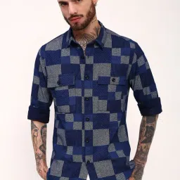 Showoff Blue Cotton Slim Fit Checks Shirt-image-45
