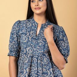 CORSICA Floral Print Mandarin Collar Puff Sleeve Cotton Peplum Top-image-51