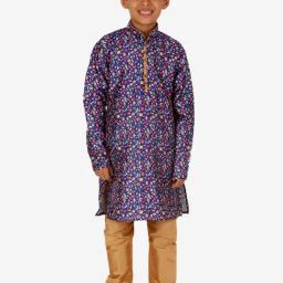 Pro-Ethic Style Developer Kids Navy & Beige Floral Full Sleeves Kurta with Pyjamas-picture-3
