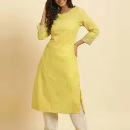 W Yellow Cotton Printed Straight Kurta-image-61