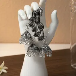 Mantra Enterprise Silver-Plated Oxidised Dome Shaped Jhumkas image 2