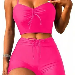 Toomley Ruched Tie-up Crop-Top & High-Rise Shorts Swim Set-picture-37