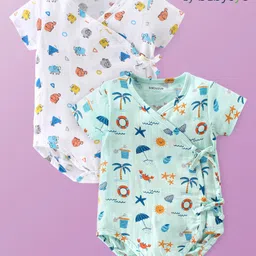 Babyoye 100% Organic Cotton Beach Printed Half Sleeves Onesies Pack of 2 - Blue & White-picture-28
