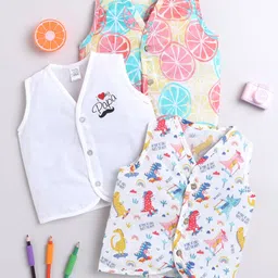 Polka Tots Pack Of 3 Cotton Sleeveless Fruits & Animals Printed Jhablas - Multi Colour-picture-30