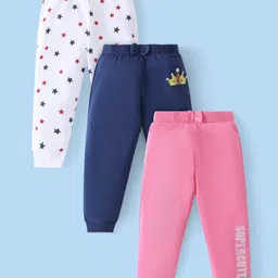 Babyhug Cotton Knit Full Length Lounge Pants Star & Text Print with Bow Detailing Pack of 3 - Multicolour-picture-17