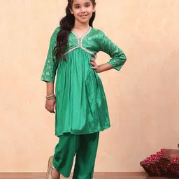BIBA Three Fourth Sleeves Foil Printed & Lace Embellished Kurta With Palazzo Set - Green-picture-10