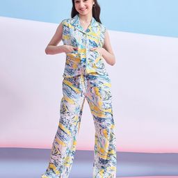 StyloBug Viscose Rayon Sleeveless Tie Dye Shirt Style Top & Coordinating Pant Set - Multi Colour-picture-5