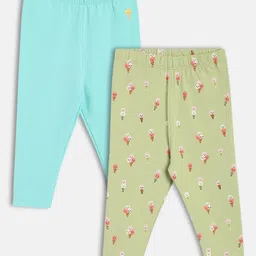 MINI KLUB Cotton Knit Pack Of 2 Ice Creams Printed & Embroidered Leggings - Blue & Green-image-88