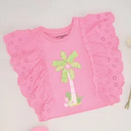Pantaloons Junior Cotton Knit Sleeveless Schiffli & Palm Tree Embroidered Top - Pink-image-61