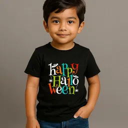 BLUSHES 100% Cotton Knit Halloween Theme Half Sleeves Happy Halloween Text Printed Tee - Black-picture-14