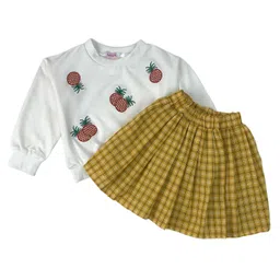 Little Surprise Box Cotton Full Sleeves Pineapple Embroidered Sweatshirt & Checked Skirt Set - White image 3