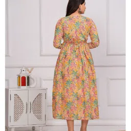 NEVISHA STYLE Cotton Woven Three Fourth Sleeves Leaves Printed Maternity Kurta With Side Zipper Nursing Access - Yellow image 3